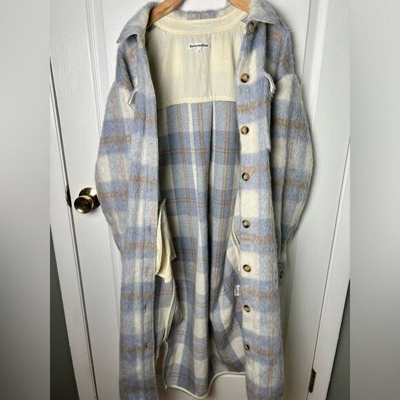 Reformation Ainslie Button Up Flannel Oversized Jacket Light Blue White Plaid L - Picture 3 of 12